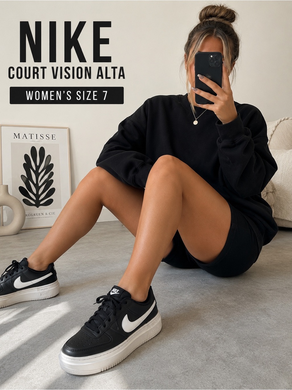 Nike Court Vision Alta Platform Sneakers Black White Women’s Size 7 EUC